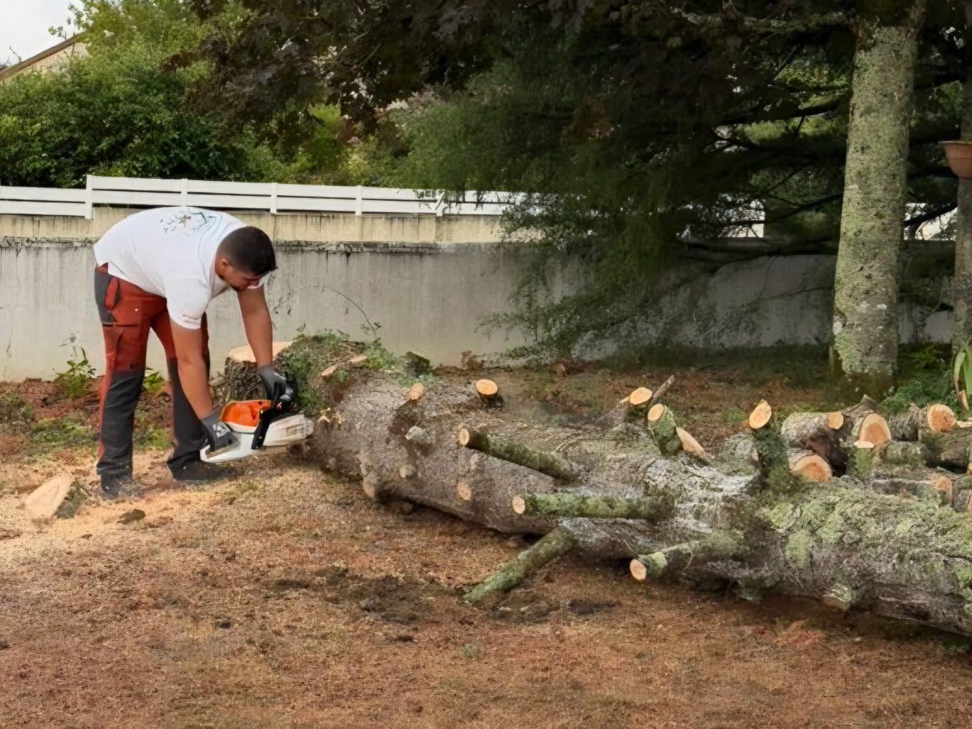 Élagueur débitant à la tronçonneuse le tronc d’un arbre abattu, au pied d’un mur de jardin
