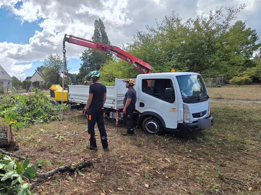 Deux élagueurs casqués près du camion-benne à grue, sur un chantier dans un jardin